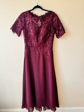 Elegant Burgundy Embroidered Wedding Guest Dress